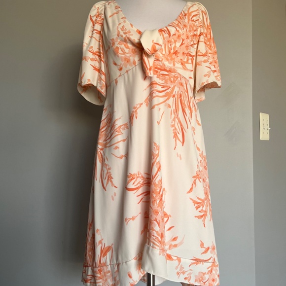 JOIE Floral Bow Detail Printed Short Sleeve V Neck A-line Hi-Lo Cocktail Dress - Picture 6 of 15